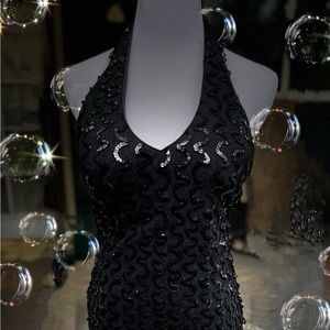 Black sequins halter top cocktail dress